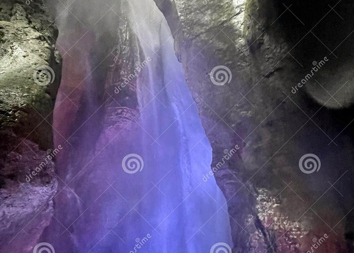 Varone Waterfall Waterfall in Cave with Colored Lights Cascate Del Varone Stock ... photo